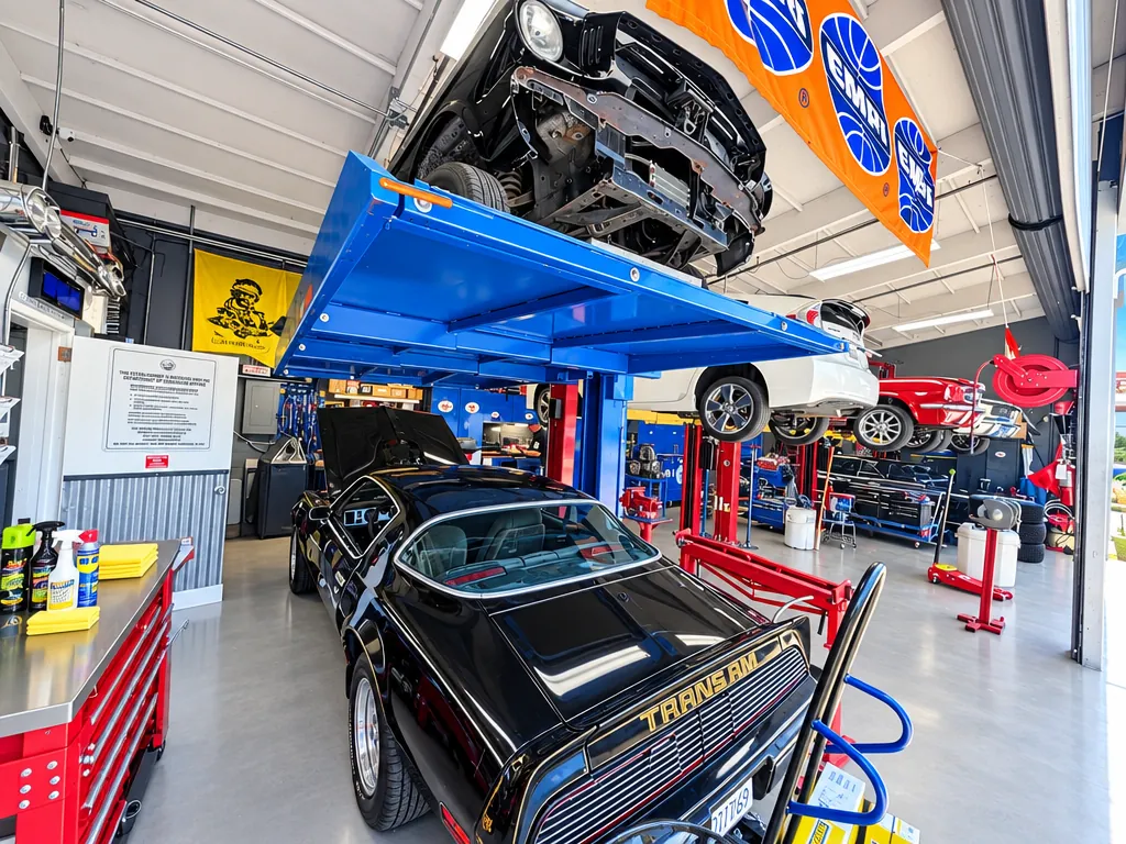 Black Pontiac Trans Am with gold hood decal parked under a four-post lift at Cedillo's in Fullerton