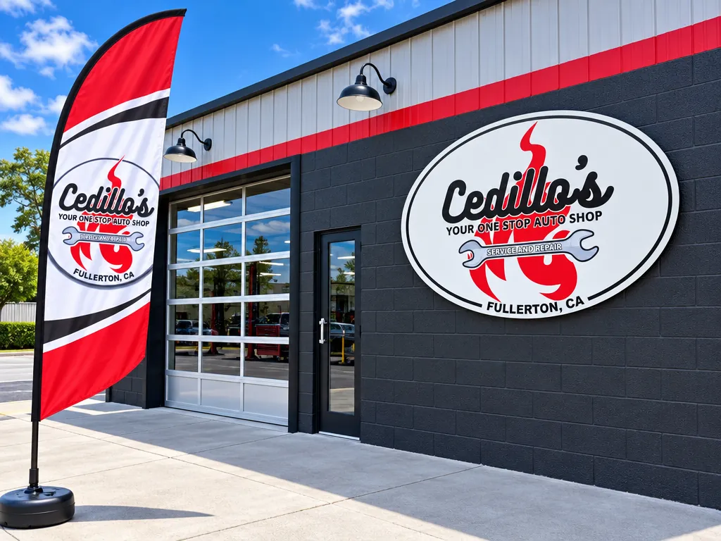 Cedillo's Classic & Auto Repair storefront with oval logo sign and glass service door on W Commonwealth Ave in Fullerton, CA