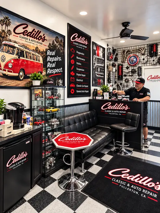 Black leather lounge seating and red stop-sign table in the Cedillo's customer lounge, Fullerton