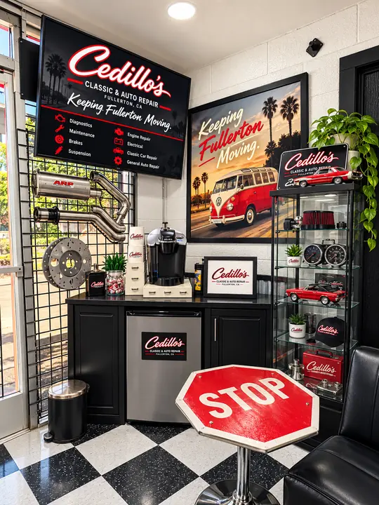 Stop-sign bistro table, coffee maker and classic art in Cedillo's waiting room in Fullerton