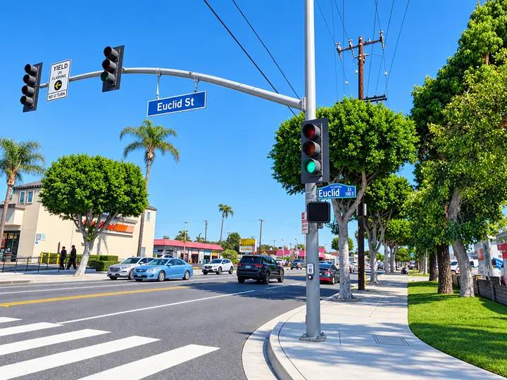 Euclid Street traffic signals and crosswalk in Fullerton, CA