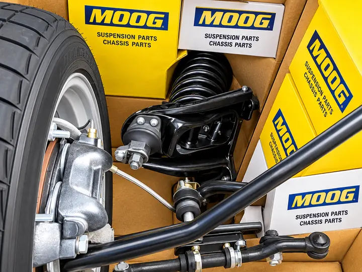 Front suspension with coil spring and brake caliper next to MOOG chassis parts boxes at Cedillo's in Fullerton