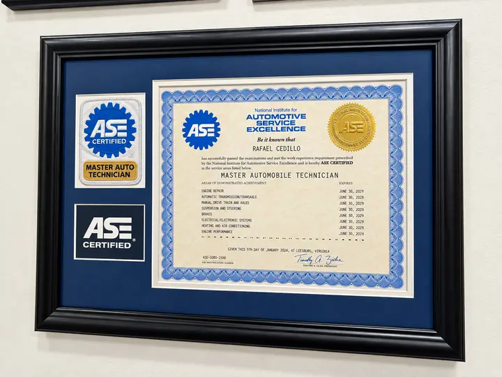 Framed ASE Master Automobile Technician certificate for Rafael Cedillo with ASE Certified patches