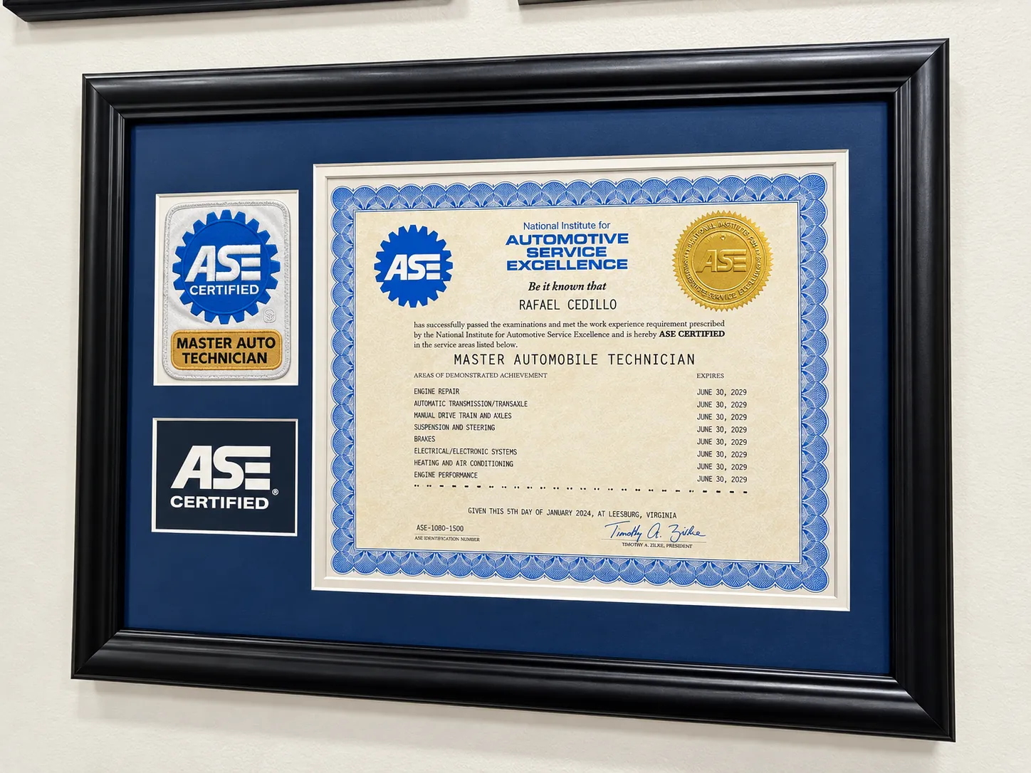 Framed ASE Master Automobile Technician certificate for Rafael Cedillo with ASE Certified patches