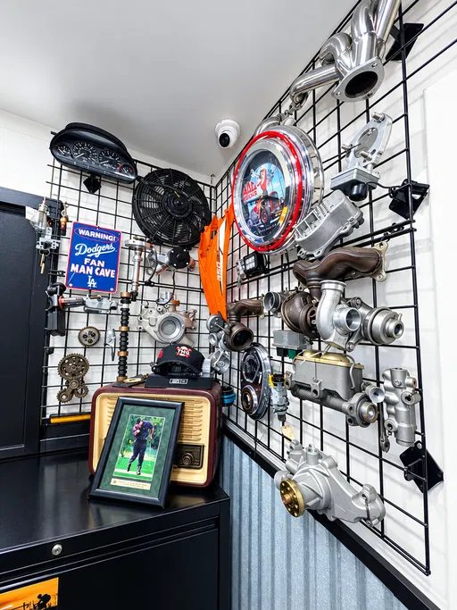 Automotive parts display inside Cedillo's Classic and Auto Repair in Fullerton
