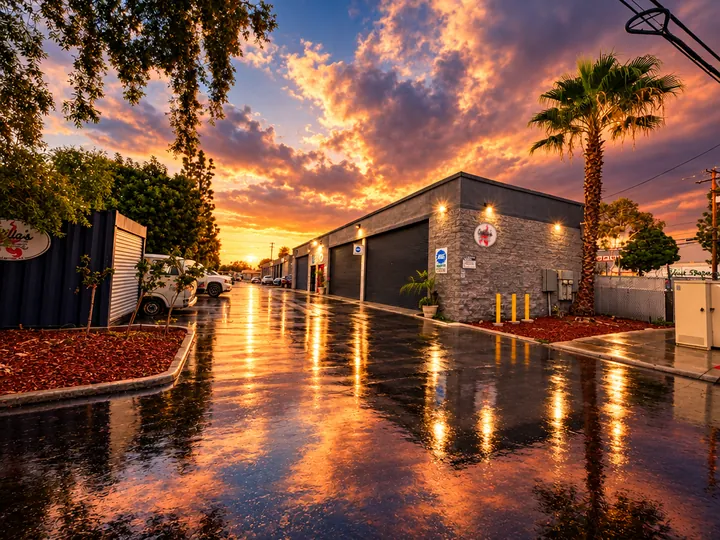 Rain-soaked lot reflecting the sunset beside the Cedillo's auto repair building in Fullerton, CA