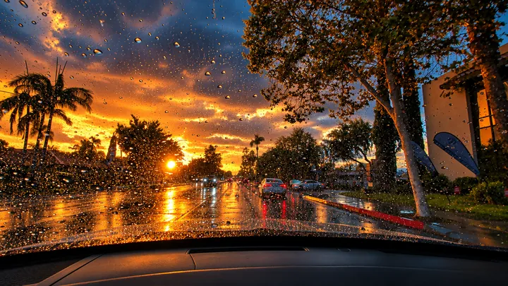 Low sun breaking through storm clouds over a wet road in Fullerton, seen through a rain-dotted windshield