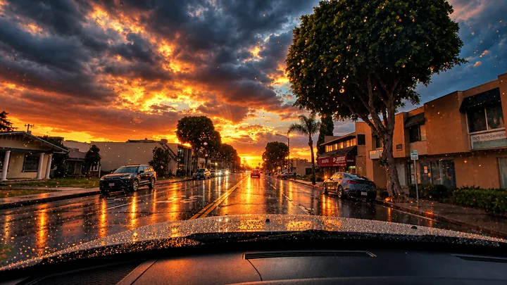 Wet two-lane street at sunset in Fullerton, CA, with cars parked along the curb