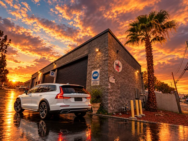 White Volvo wagon parked beside Cedillo's auto repair shop on wet pavement at sunset in Fullerton