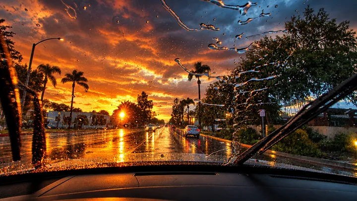 Windshield wiper clearing rain on a palm-lined Fullerton street at sunset