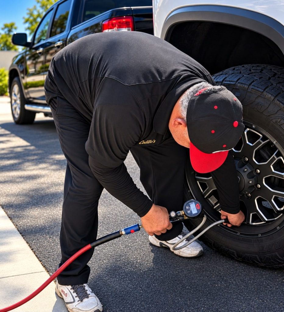 Checking tire pressure on a pickup truck